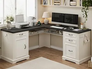 Farmhouse L-Shaped Executive Desk with 4 Drawers