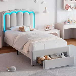 Twin Upholstered LED Bed Frame with Storage Drawer, Grey